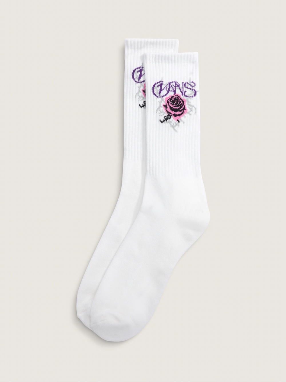 Vans White Crew Socks with Pink Rose and Purple Logo Motif S/P